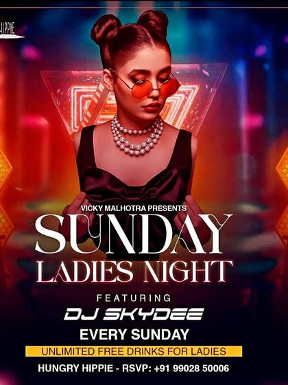 A vibrant poster for my Sunday Ladies' Night at Hungry Hippie, a weekly event.