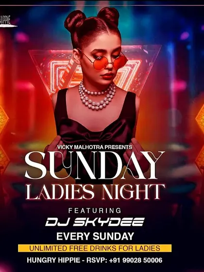 A vibrant poster for my Sunday Ladies' Night at Hungry Hippie, a weekly event.