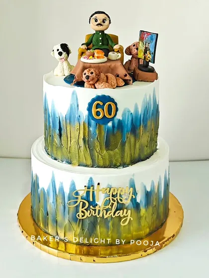 For a 60th milestone birthday, I was asked to create a cake that told a life story. This two-tier design features a handcrafted fondant figure of the birthday dad enjoying his favorite things: chai, his puppies, action movies, and even Misal Pav.