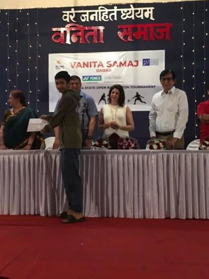 Pravit Sahu on stage at the Vanita Samaj Open State Badminton Tournament. Reaching the podium at a state-level event is a significant milestone.