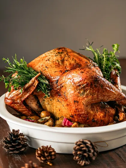 A full view of the roasted turkey in its serving dish, surrounded by pine cones for a festive touch. It’s ready to be carved and enjoyed by your family and friends.