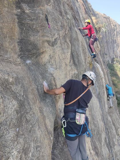 Three climbers on the wall at once at Varlakonda. This popular crag often sees a lot of action on the weekends.
