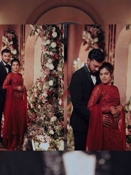 A diptych of the couple at their reception, posing against a beautiful floral backdrop.