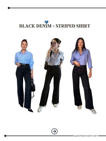 Black denim paired with a classic striped shirt is a foolproof combination. It's a versatile look that can be dressed up with heels or down with sneakers for any day of the week.