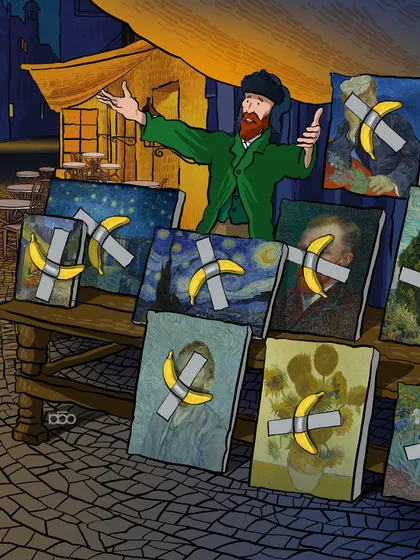 My satirical take on the commercial art world, referencing Maurizio Cattelan's "Comedian." Vincent, in a moment of desperation, tapes bananas to his masterpieces to finally make a sale, questioning the nature of value and "banality" in art.