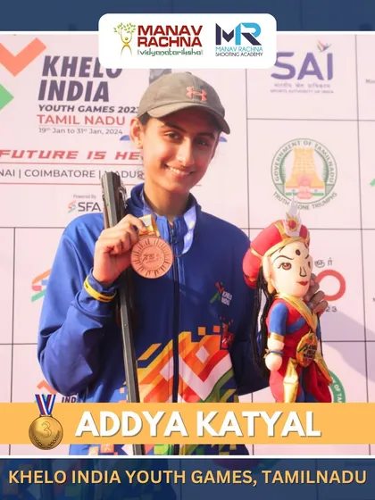 Our shooter Addya Katyal with her Bronze medal at the Khelo India Youth Games. Her performance in a fiercely competitive field highlights her poise and precision under pressure.