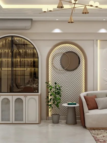 This space features a stunning arched bar cabinet with glass doors and internal lighting. It's a perfect addition for those who love to entertain in style.