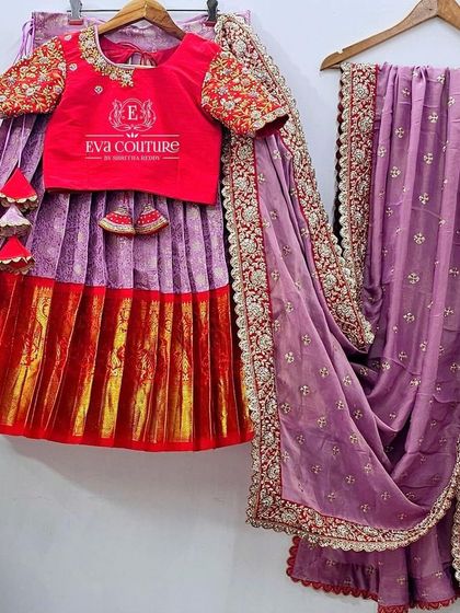 This set includes a Kanchi Pattu lehenga and a heavily embroidered dupatta, showing how I can create complete, coordinated ensembles.