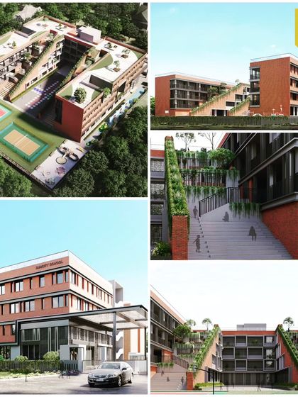 A collage of our design for the MG Suncity School, a project shortlisted at the World Architecture Festival. The design is defined by its terraced green roofs that double as interactive learning spaces.