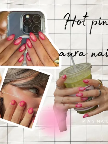 A mood board for the Hot Pink Aura Nails trend, a super popular look right now.