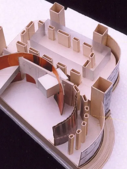 An early study model for our competition entry to develop Minto Hall in Bhopal. The model explores how new curved forms could be inserted within the historic structure to create a dynamic interior space for a modern convention center.