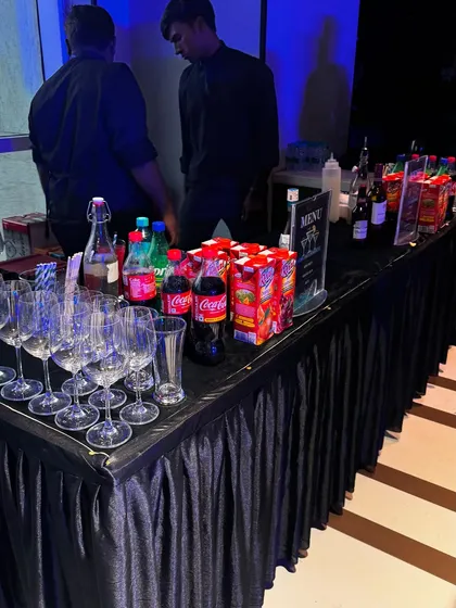 In addition to food, we provide complete bar and beverage solutions for corporate events. This was our non-alcoholic bar setup for the L'Oréal India dinner, fully stocked with juices, soft drinks, and premium glassware.