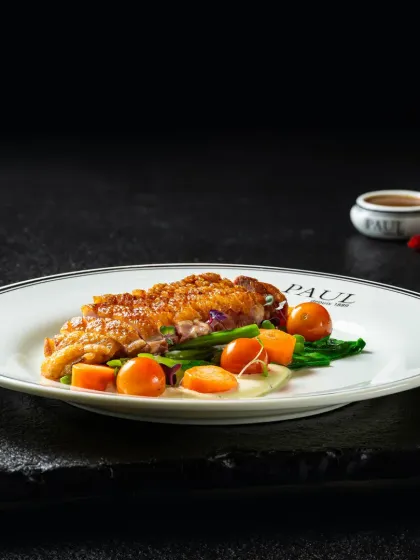 A perfectly cooked crispy skin chicken breast served on a bed of sauteed vegetables, elegantly plated for a fine-dining menu.