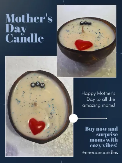 Happy Mother's Day to all the amazing moms. This handcrafted coconut shell candle, with a heart and "MOM" beads, is perfect for showing her she’s the heart of your home.