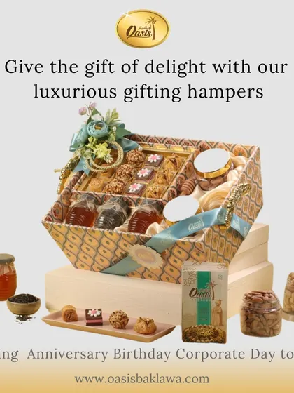 Give the gift of delight with our luxurious gifting hampers. This basket includes sweets, honey, tea, and nuts, offering a complete gourmet experience.