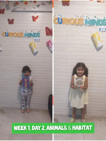 A snapshot from Week 1, Day 2, where our theme was Animals & Habitat. The kids are showing off the animal crafts they made.