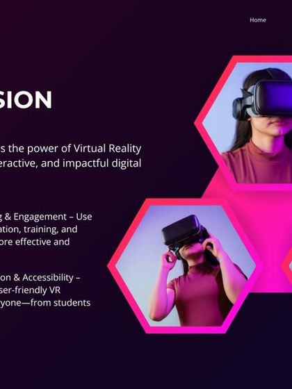 Our mission is to harness the power of VR for impactful digital experiences. This graphic explains how we use the technology to enhance learning, promote innovation, and make advanced tools user-friendly for everyone from students to professionals.