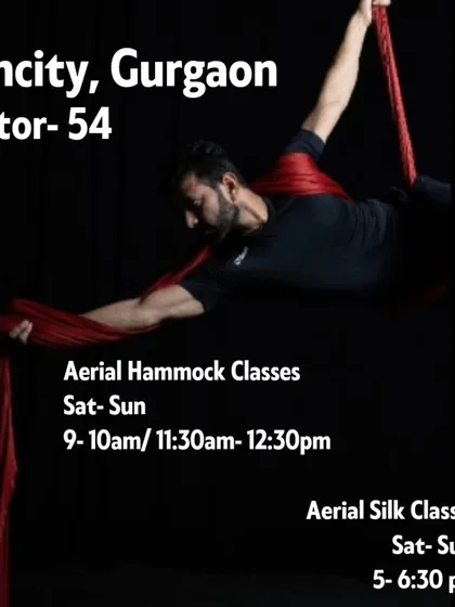 Find us in Suncity, Gurgaon (Sector-54). We offer aerial hammock and aerial silk classes on Saturdays and Sundays with multiple time slots available.