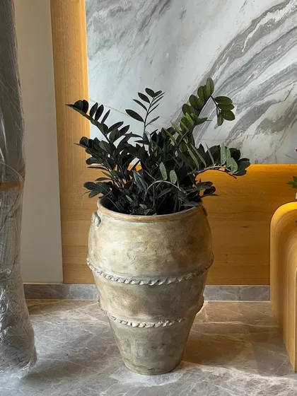 A close-up of a rustic, earth-toned planter holding a ZZ plant. The pot's texture and colour blend perfectly with the luxurious marble flooring.