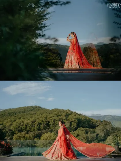 A bride deserves to feel like she's on top of the world. I used the stunning mountain landscape of Dehradun to frame this bridal portrait, letting her vibrant red lehenga and the flowing veil create a breathtaking contrast against the serene hills.
