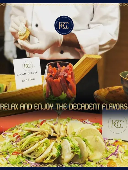 A chef carefully prepares Cream Cheese Crostini. This behind-the-scenes look shows the attention to detail that goes into each appetizer before it reaches the guest.