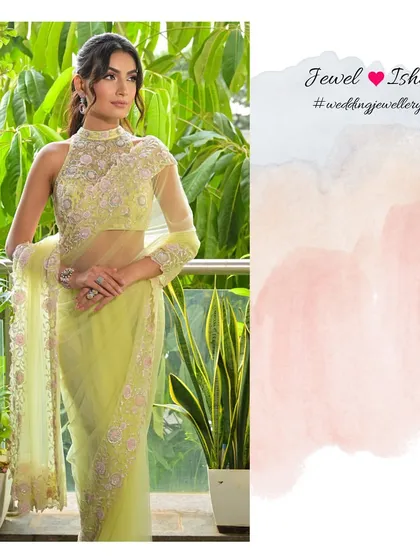 The full look, showing how minimal jewellery can make a big impact. The light, airy feel of the saree is perfectly complemented by the subtle sparkle of our diamond and gemstone pieces.