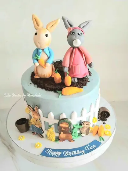 I loved crafting this detailed Peter Rabbit themed cake for a child's birthday. Every character, from Peter Rabbit to his friends, was handcrafted from fondant to bring the classic story to life in a sweet, edible form.