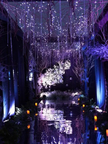 For a truly unique cocktail night, we designed an enchanted forest theme. This mystical entrance features a reflective floor, dramatic purple lighting, and a floating floral installation, promising a night of magic and wonder.