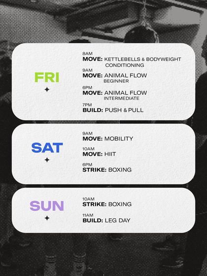 This was our weekend schedule for April. We offer everything from Kettlebell Conditioning and Animal Flow to HIIT and Boxing, ensuring you can always find a class to fit your goals.