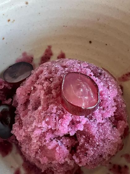 A scoop of gorgeous grape sorbet, naturally sweetened and bursting with flavor. This is a perfect example of a simple, whole-food dessert that is both refreshing and healthy.