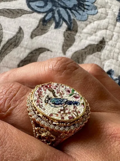 This ring was inspired by moments of quiet reflection and reconnecting with nature. The micromosaic bird is a reminder of the simple, beautiful things that bring us back to our roots.