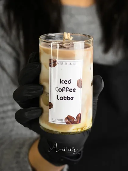 Here's my bestseller, the Iced Coffee Latte candle. The blend of coffee-colored and milky wax with 'ice' cubes makes it look incredibly realistic.