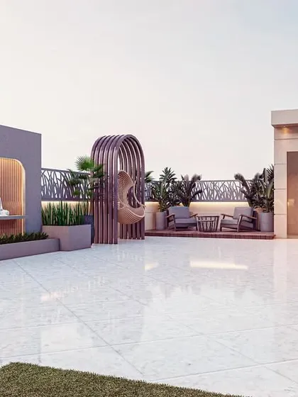 This wide-angle 3D visualization showcases the full scope of a modern terrace project. The design connects multiple zones, including a tranquil zen garden with a Buddha statue, a stylish swing chair, and a larger lounge area, all unified by sleek tiling and integrated planters.