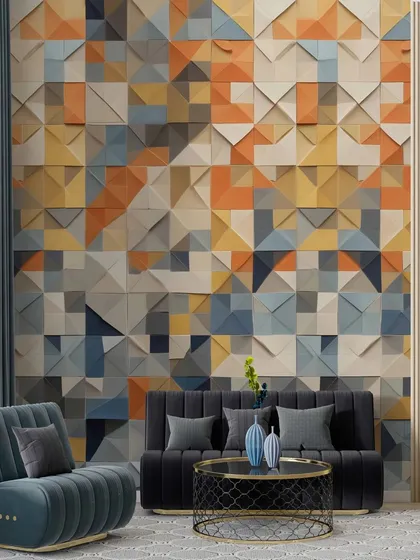The versatility of my 3D wall decor is on full display here, pairing beautifully with both dark and bold furniture choices. Notice how the geometric pattern adds energy and a modern artistic touch to this elegant seating area.