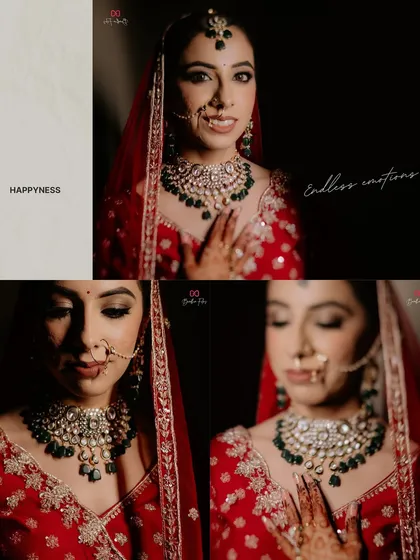 A collection of beautiful bridal portraits against a dark background, highlighting the bride's happiness and the intricate details of her jewelry.