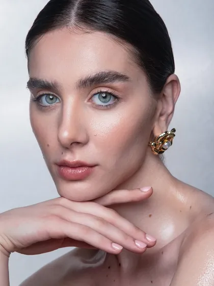 This shot showcases the flawless base and soft contouring that forms the foundation of a great beauty look. The skin appears smooth and perfected, with a natural, healthy dimension.