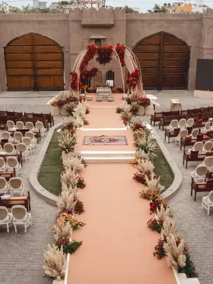 An open-air mandap at Fairmont Jaipur, with a custom-painted mural by the bride herself, merging maps of India and Lebanon. I love incorporating such personal stories into the wedding design.
