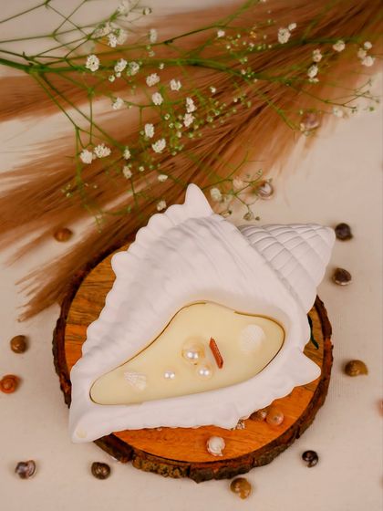 An elegant Seashell Soy Candle, hand-poured and perfect for adding a touch of ocean-inspired tranquility to any space.