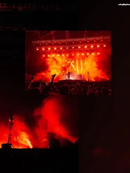 A collage showing the massive stage production for Ben Böhmer's show, with fiery visuals and smoke effects.