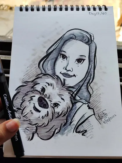 A caricature of a girl and her fluffy dog. Drawing pets is one of my favorite things to do.