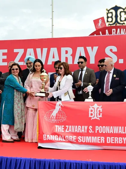 A moment of triumph at The Zavaray S. Poonawalla Bangalore Summer Derby. We celebrate the victory of Fynbos, with the cup presented by Mr. Zavaray S. Poonawalla, a name synonymous with Indian racing excellence.