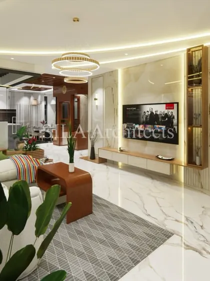 This angle of the "royal" living room concept highlights the marble-clad TV wall, custom shelving, and elegant chandelier, all contributing to a feeling of opulence and modern design.