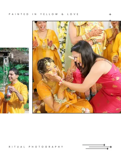 "Painted in yellow & love." This collage captures a friend lovingly applying haldi to the bride's face, a moment of pure, unscripted joy.