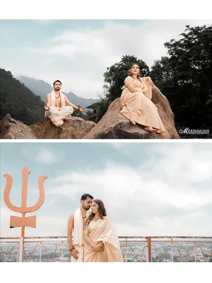 This collage contrasts a meditative pose in the mountains with a powerful couple portrait featuring a Trishul overlooking Rishikesh. It showcases the blend of tranquility and strength that defines their themed shoot.
