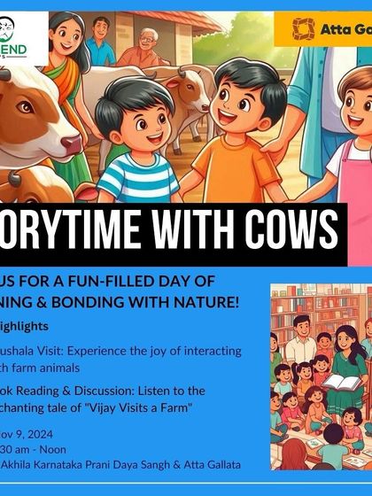 An alternate poster for 'Storytime with Cows', inviting families for a day of learning and bonding with nature.