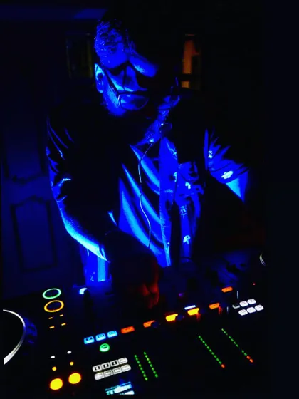 A shot of me in the zone, taken from the Mahashivratri event with DJ Dayana. The blue lighting and focused atmosphere capture the essence of a deep psychedelic set.