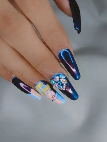 A closer look at the details on this Cinderella nail art, including the shimmering chrome and sparkling crystals.