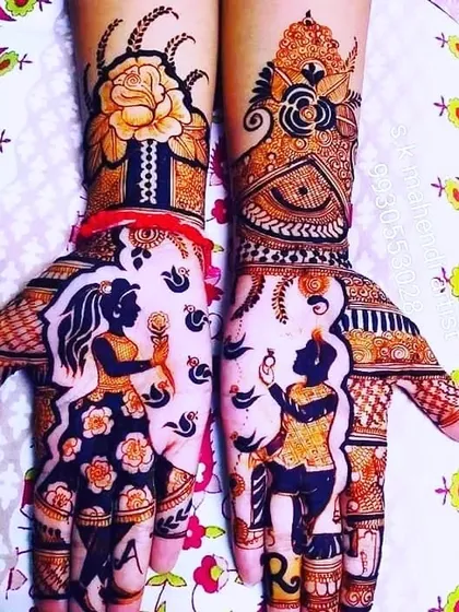 I love creating personalized mehendi that tells your story. This design features a couple motif, making it a special choice for an engagement or Karva Chauth celebration.