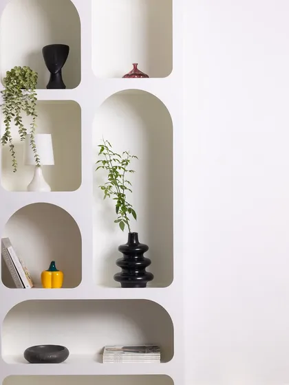 Here is another view of our arched shelving unit, offering a clean white canvas with plenty of negative space for creative compositions and graphic text overlays.