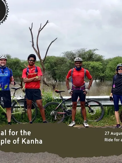 We also host charity rides like 'Pedal for the People of Kanha'. This image shows our community coming together to ride for a good cause.
